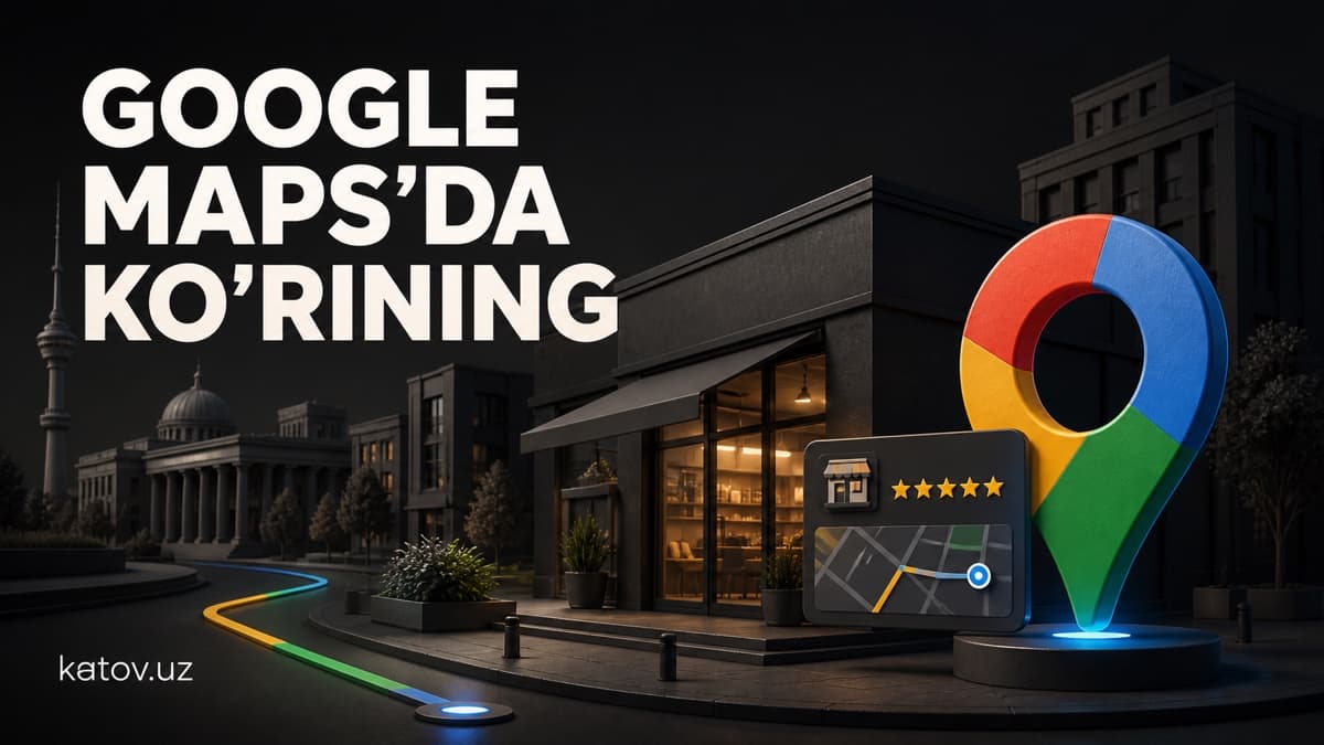 Toshkentdagi lokal biznes Google Maps xaritasida rangli manzil belgisi bilan ko'rsatilgan 3D sahna
